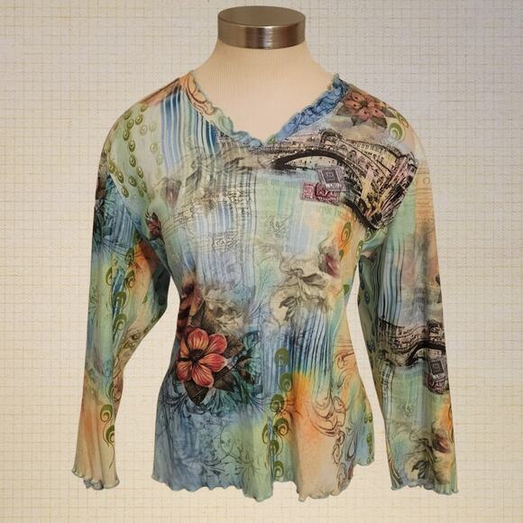 Y2K Impulse California Green Graphic Blouse Lettuce Trim XL - Picture 1 of 7